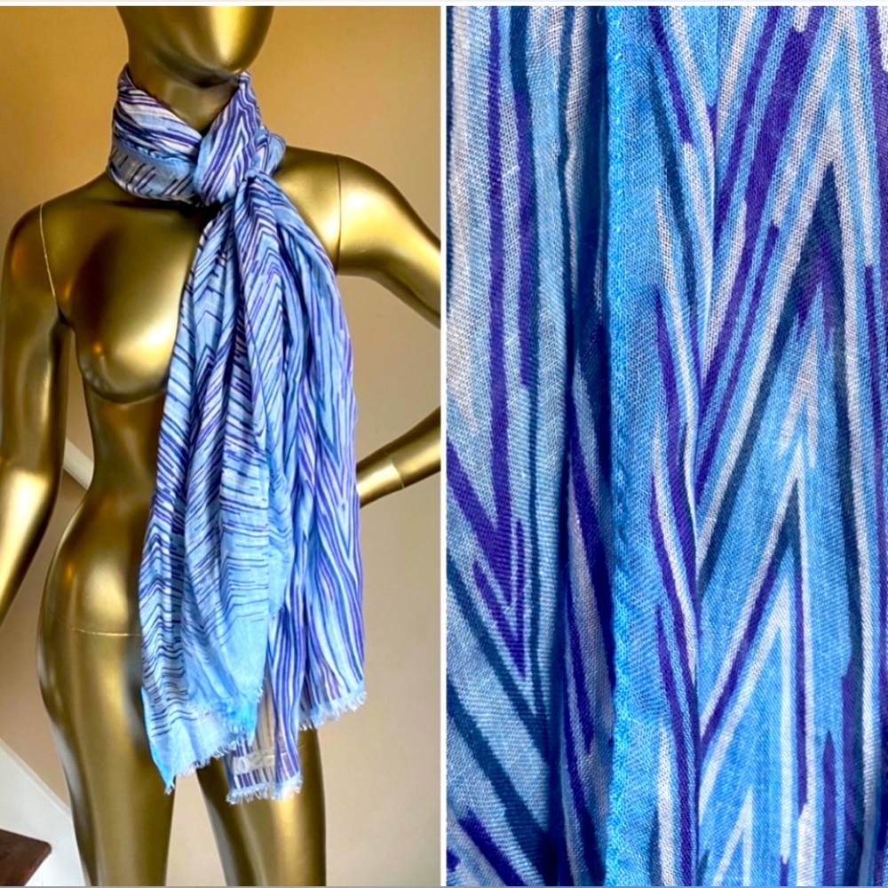 MISSONI Woman Sheer Logo Scarf Blue & Purple Classic Chevron Pattern w/Raw Hem